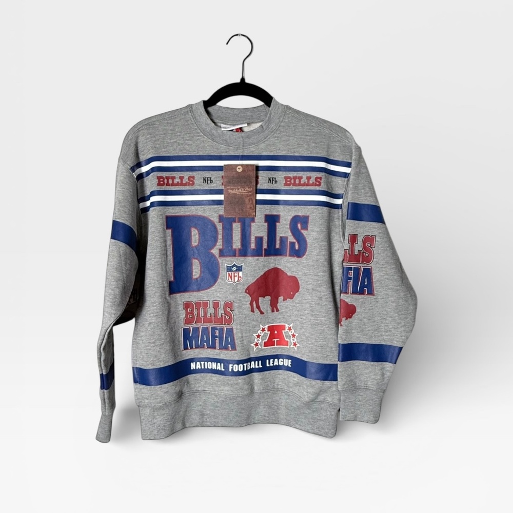 Buffalo Bills Mitchell & Ness‎ Grey AOP Fleece Crew Pullover Medium NWT (L)